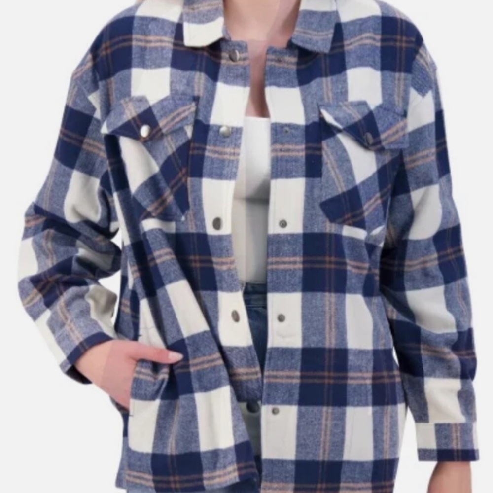 Costco Ladies Blue Checked Long Sleeve Shirt Jacket w/Snaps NWT Choose Your Size